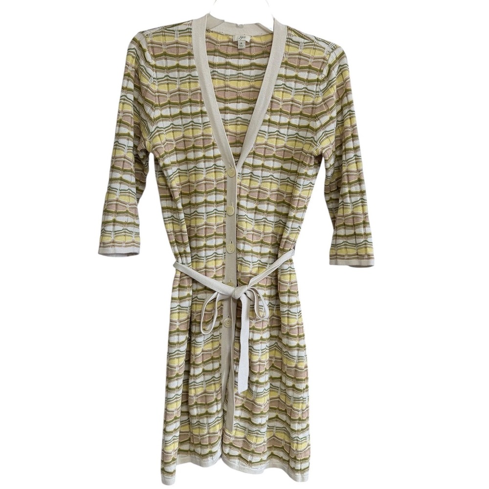 J. Jill Silk Cotton Blend Wavy Stripe Longline Belted Cardigan Yellow Green M